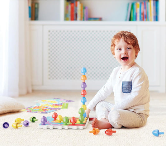 Quercetti Jumbo Peggy Stacking and Button Art Toy - Medium Set includes Illustrated Pattern Cards, 9 Linking Peg Boards and 36 Multi-Color Pegs, for toddlers and kids ages 2-4 years