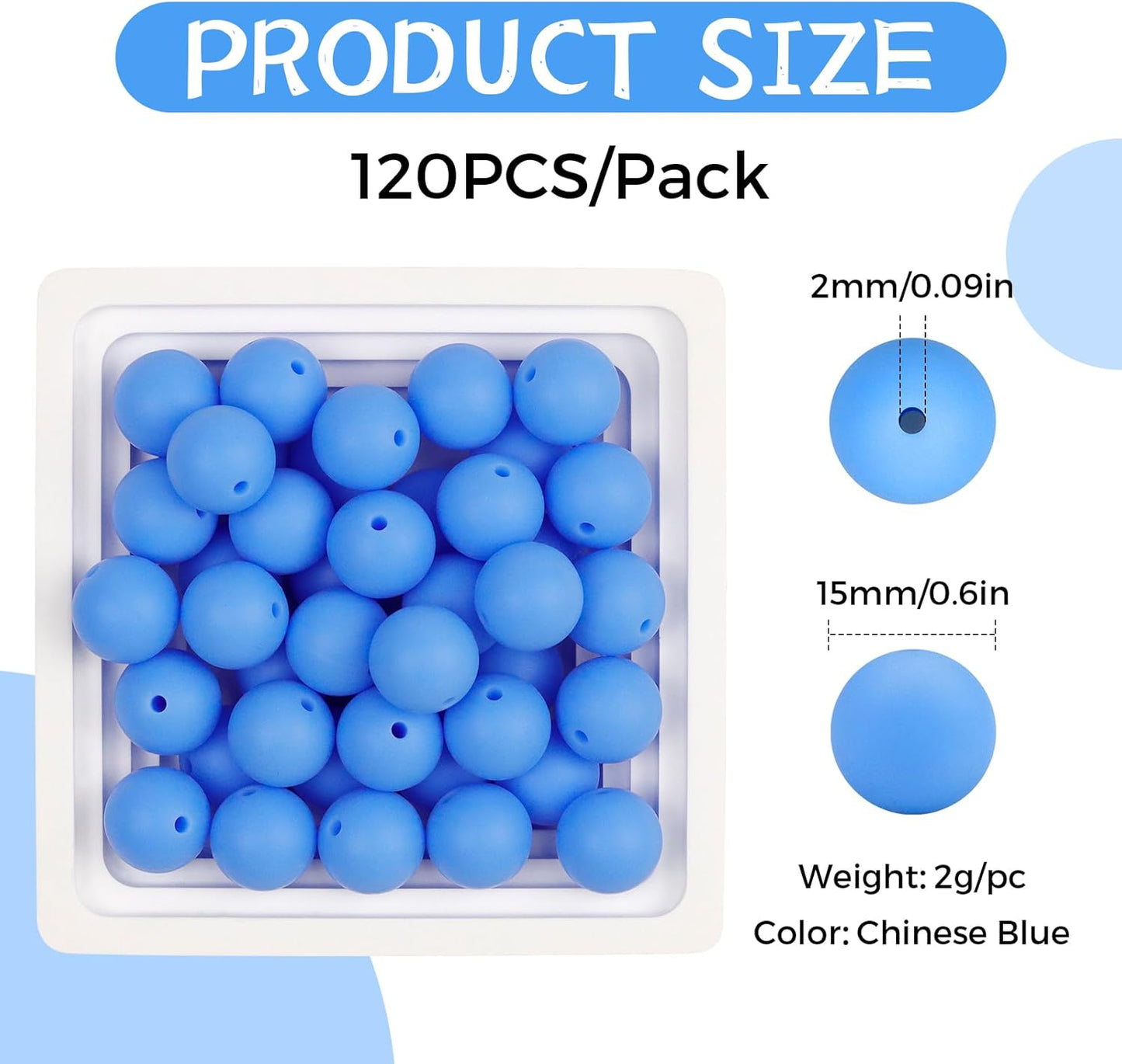 120PCS FIVEIZERO Silicone Beads for Keychain Making, 15mm Glacier Gray Round Silicone Rubber Focal Beads Bulk for DIY Crafts, Bracelets, Necklaces, and Pens