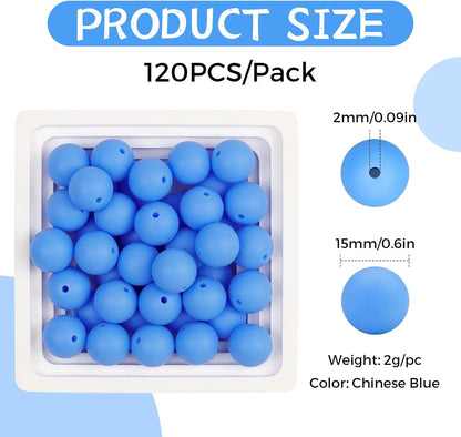 120PCS FIVEIZERO Silicone Beads for Keychain Making, 15mm Glacier Gray Round Silicone Rubber Focal Beads Bulk for DIY Crafts, Bracelets, Necklaces, and Pens