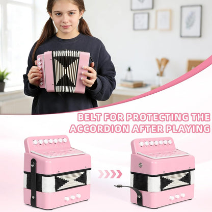 10 Keys Kids Accordion, Horse Button Accordion Toys Accordian Mini Musical Instruments Button for Child Children Kids Toddlers Beginners (Light Pink)