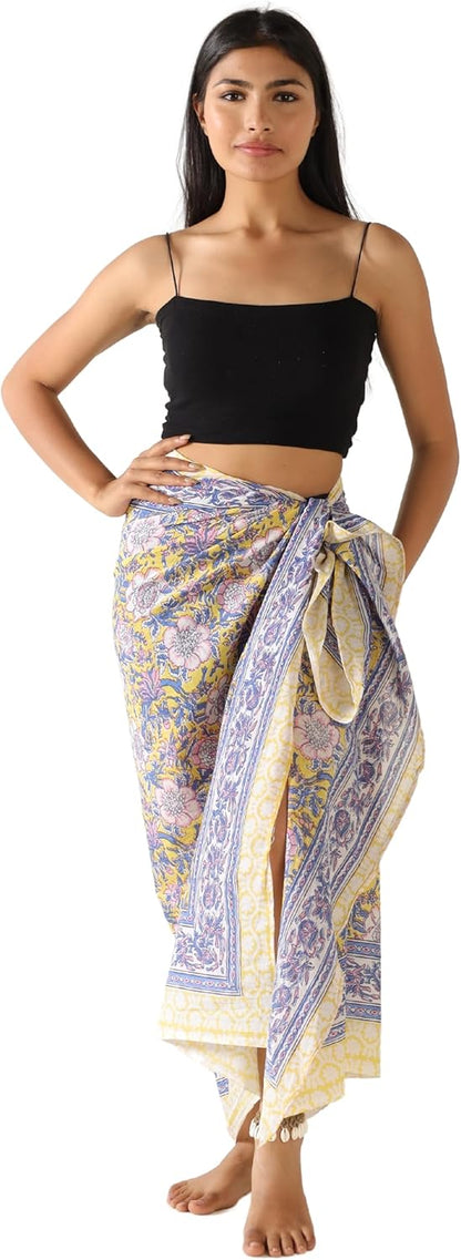 100% Cotton Sarong Cover Up for Women Indian Block Print Beach Wrap Skirt Long Boho Swimsuit Bikini Pareo (73” x 43”)