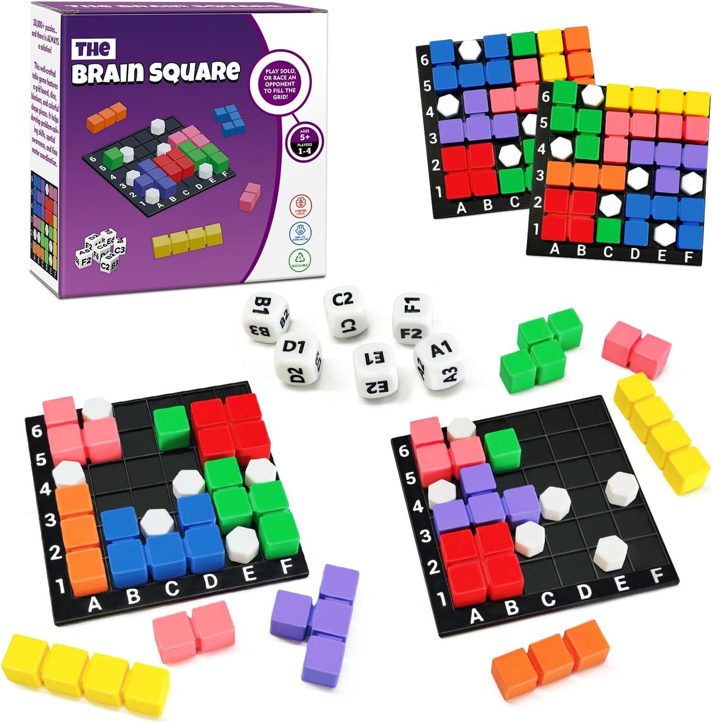 STEM Puzzle Game The Brain Square With 160000+ Solutions Pattern Matching Blocks Brain Teaser Toy Roll Dice & Race Your Opponent to Fill Grid Travel Game for Kids & Teens Back To School Birthday Gift