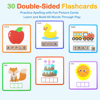 Spelling Game for Kids Ages 3-8, Word Building & Sight Word Games, Phonics Learning Toy with 100 Wooden Letter Tiles & 30 Double-Sided Flashcards, Preschool Kindergarten Early Reading Game