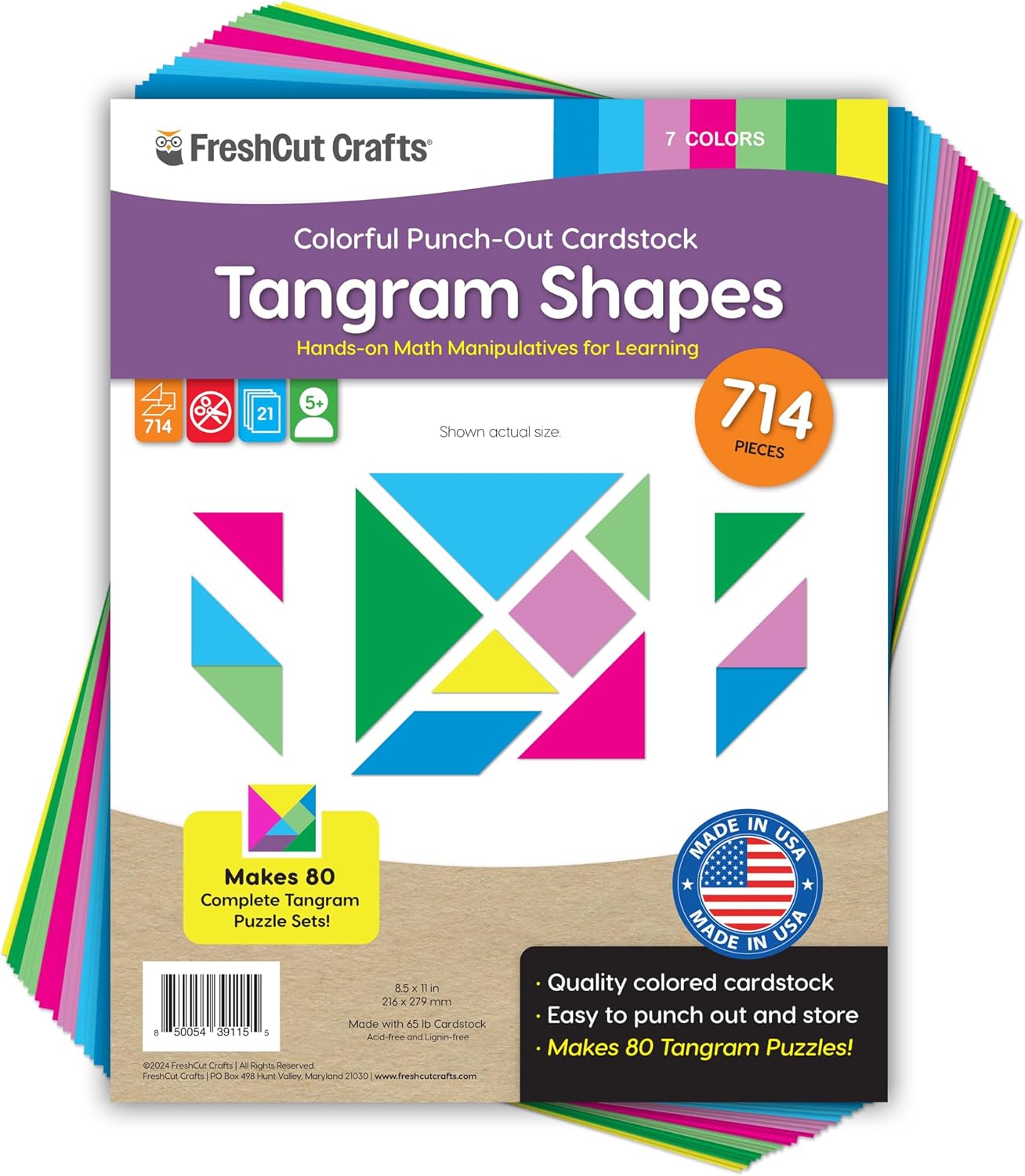 714 Pcs Tangram Shapes Easy Punch-Out Math Manipulatives for Learning Multicolor Triangles, Squares, Parallellograms Easy-Punch Paper Shape Cutouts in 7 Bright Colors US Made Card Stock