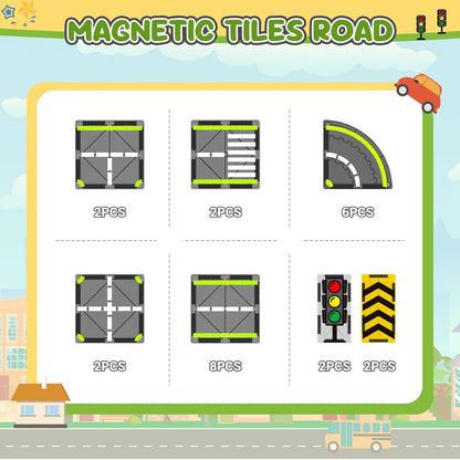 HarworLife Magnetic Tiles Road Set, Magnetic Building Blocks for Toddler Kids, Montessori Educational Magnet Toys for Kids Ages 3+Year Old, STEM Creative Toy for Christmas Birthday Gifts