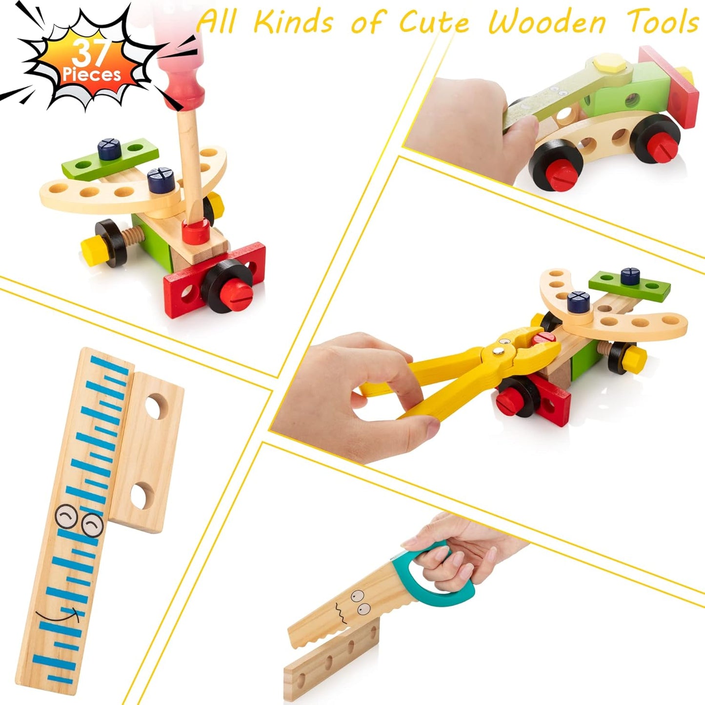 WOOOMAM Kids Tool Set, 90 PCS Wooden Toddler Tool Set with Box and Flash Cards, Tool Kit for Kids Age 3-5 Years, Toddler Boy Toys, FSC Certified Material