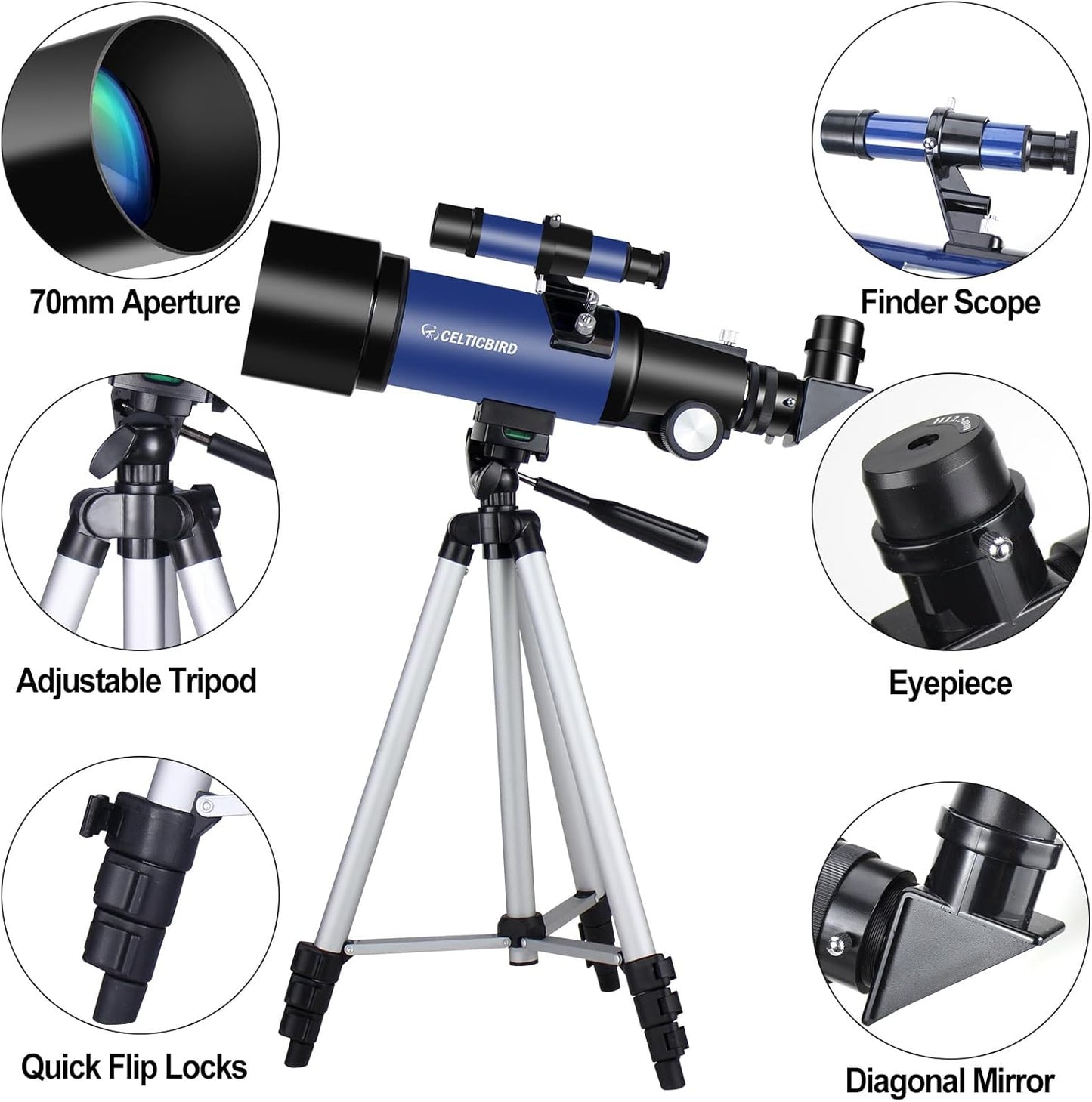 Telescope for Kids Beginners, 70mm Aperture 400mm Astronomical Refracting Telescope for Adults Students - Travel Telescopes with Tripod, Phone Adapter(Ocean Blue)