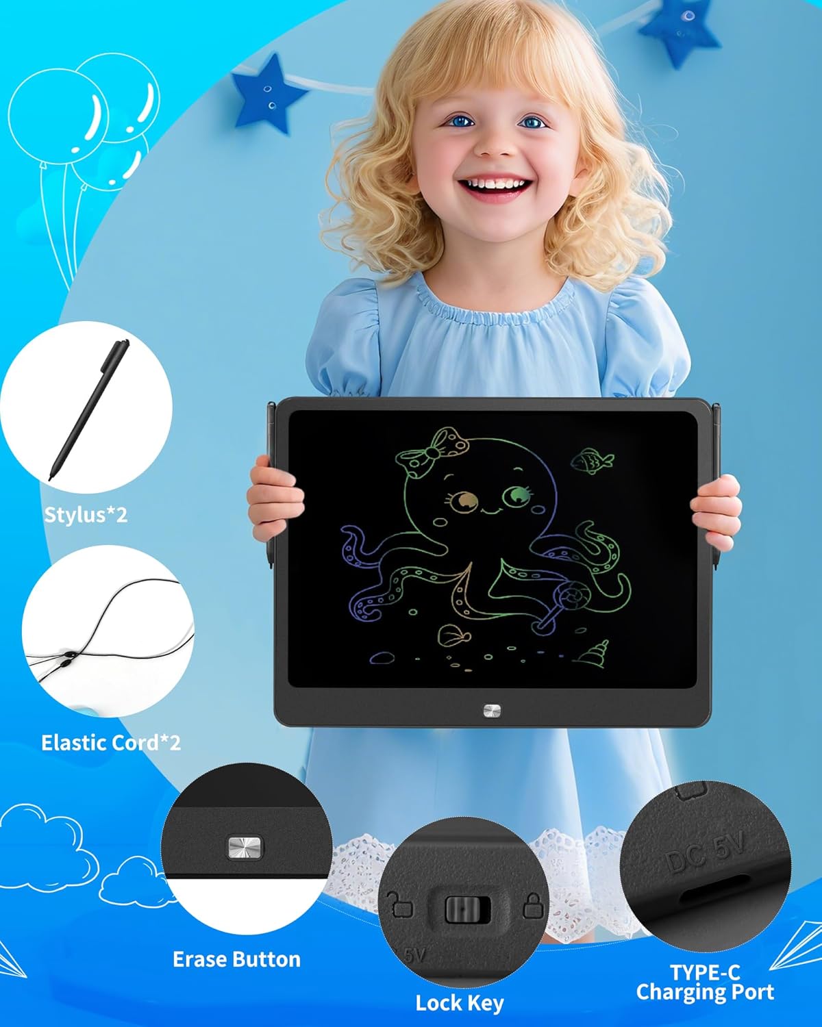 Magnetic LCD Writing Tablet for Fridge, 13 Inch Writing Tablet for Kids, Toddler Drawing Pad, Learning Toys for Boys Girls Ages 3.4.5.6.7.8, Writing Board for to-Do Lists and Family Messages (Blue)