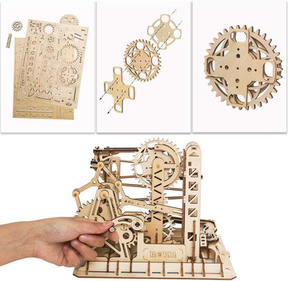 ROKR 3D Assembly Wooden Puzzle Brain Teaser Game Mechanical Gears Set Model Kit Marble Run Set Unique Craft Kits Christmas/Birthday/Valentine's Gift for Adults & Kids Age 14+(LG503-Lift Coaster)