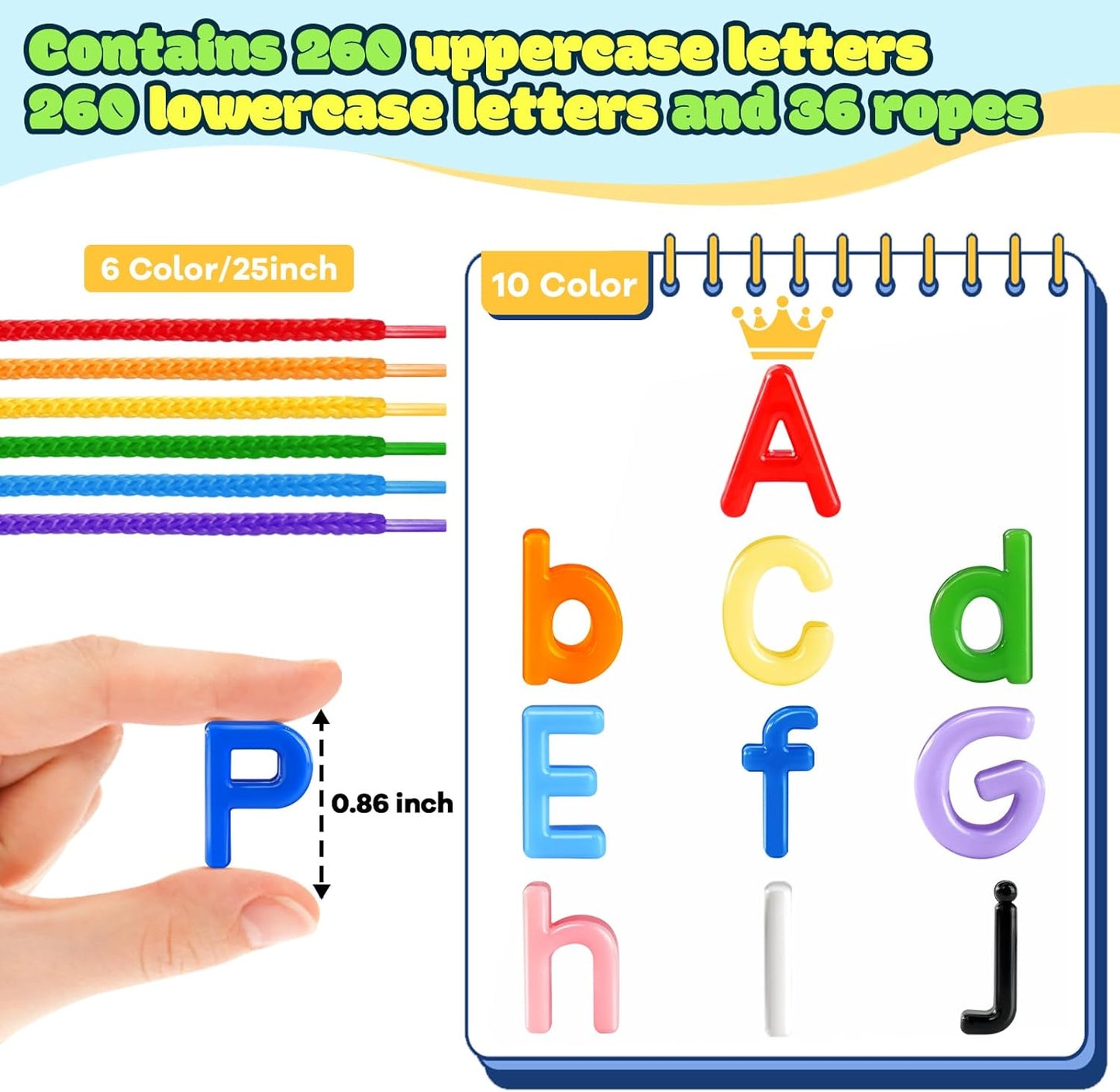 278 Pcs Lacing Letters Beads, Lowercase Alphabet Learning Toys, 10 Color Rainbow Alphabet Beads with 18 Laces, Preschool & Home Educational Toy for Kids Ages 3+, Back to School Supplies