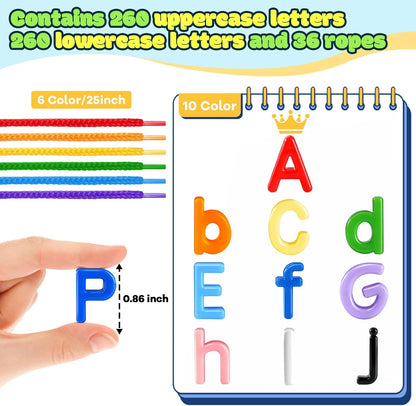 278 Pcs Lacing Letters Beads, Lowercase Alphabet Learning Toys, 10 Color Rainbow Alphabet Beads with 18 Laces, Preschool & Home Educational Toy for Kids Ages 3+, Back to School Supplies