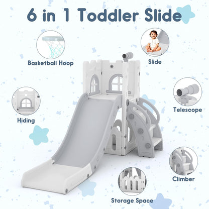 LulliSpace 6 in 1 Toddler Slide,Kids Playset for Toddlers Indoor Outdoor, Baby Slide with Basketball Hoop, Telescope & Storage Space,Non-Slip Steps for Great Gift