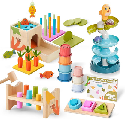 Giant bean Montessori Toys for Baby, 6-in-1 Wooden Early Education Learning Toys with Sensory Teething,Object Permanence Box,Shape Sorting Stacking Ring,Mirror Puzzle,Christmas Toy for Kid 1 2 3