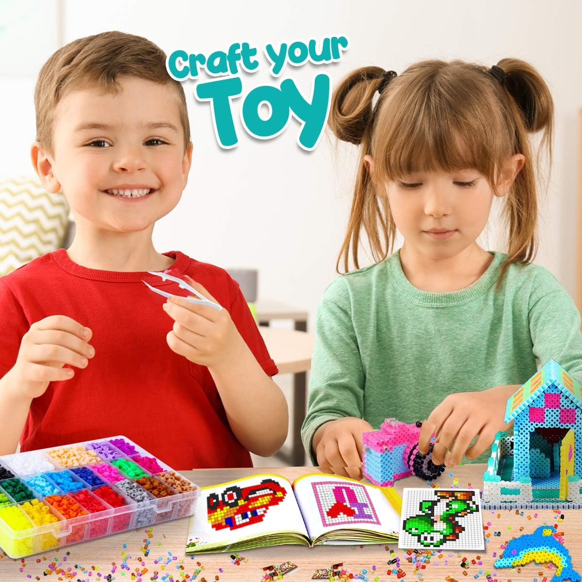 Goody King Board Fuse Beads Iron Set - Fuse Bead Kit for Kids Crafts with Bead Pegboard and Aqua Pony Beads, Pixel Art and Craft Kit (Large Set with Iron)