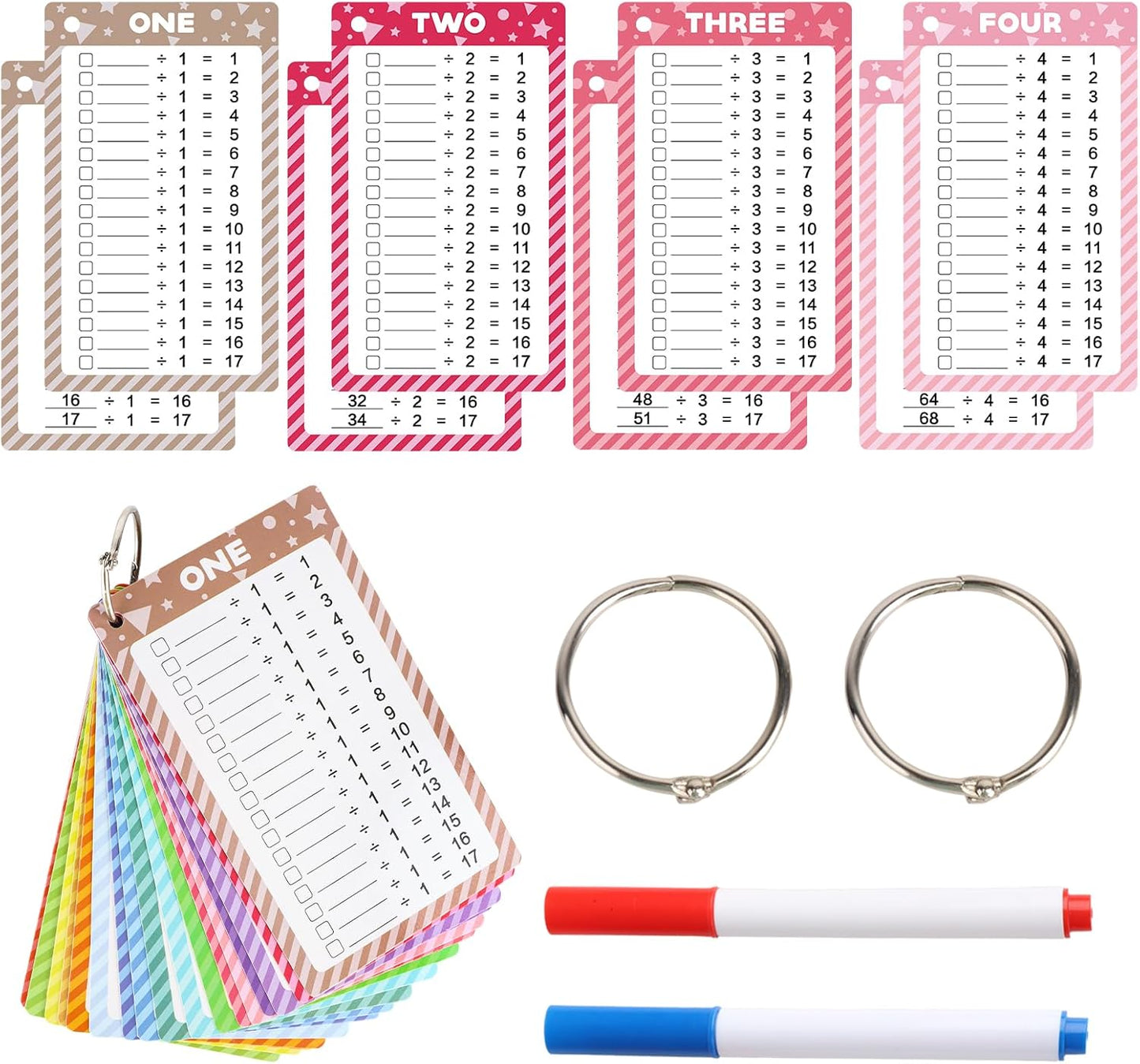17 Pcs Addition Flashcards 0-16, Times Table Flash Cards with 2 Dry Erase Markers 2 Rings for Kids 1st to 3rd Grades Multiplication Game Supplies