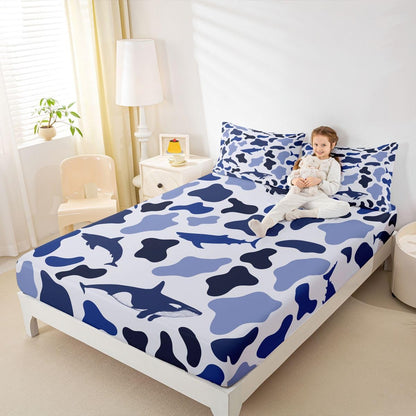 Manfei Musical Kids Fitted Sheet Full Size, MusicalGuitar Radio Drum Kit Headset Print Bedding Set 3pcs for Boys Girls, Rock Music Bed Cover with 2 Pillowcases, Soft Polyester Bedding, No Top Sheet