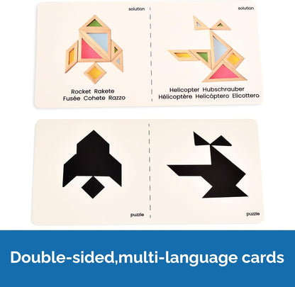 BOHS Translucent Tangram with Multilingual Activity Cards - 1 Inch Thickness - Preschool Gift - Kids Kindergarten Light Table Accessories/Window Puzzle Toys