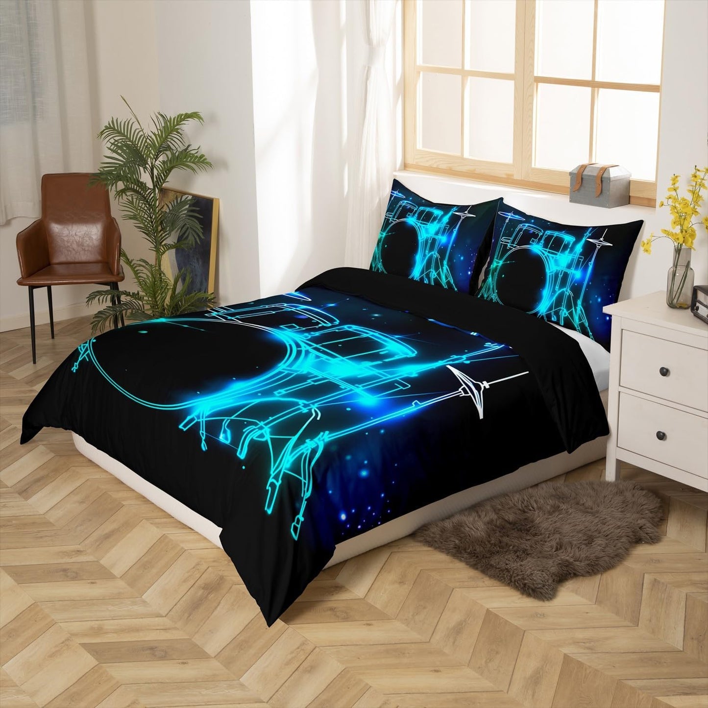 Drum Kit Comforter Cover Abstract Musical Instruments Bedding Set for Kids Boys Teens,Pop Music Duvet Cover Modern Rock Quilt Cover, Teal Laser Light Bedroom Decor Twin Size Blue Green Black