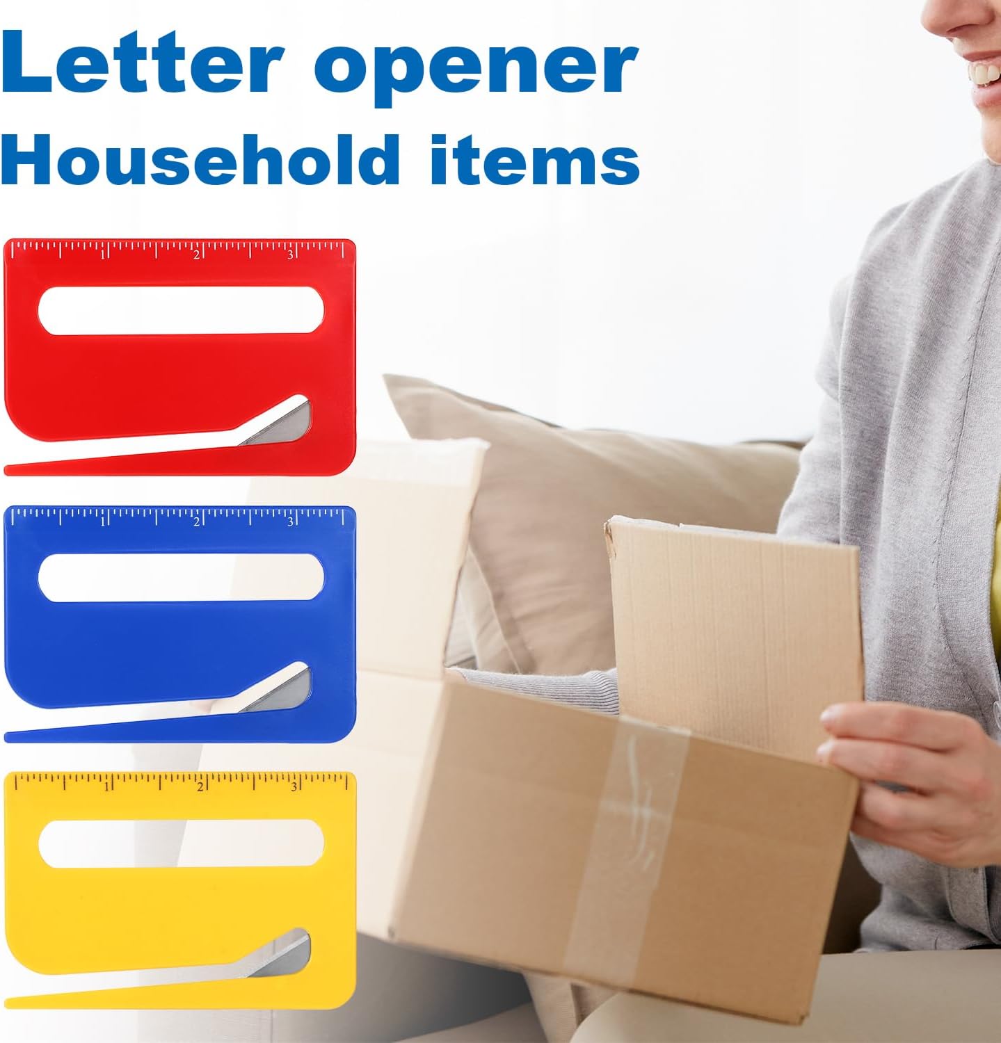 Lyreh 3pcs Magnetic Letter Openers, 3 Colors Envelope Opener Slitter Mail Cutter Tool with Scale and Magnifier with Transparent Storage Case for Women Package Home Office Supplies(Red, Yellow, Blue)