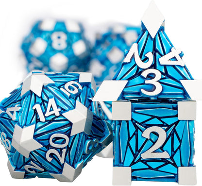 7PCS Metal DND Dice Set with Box, Debris RPG Blue White D and D Dice for D&D Tabletop Games Role Playing Game Polyhedral Dice Set D20 D12 D10 D8 D6 D4