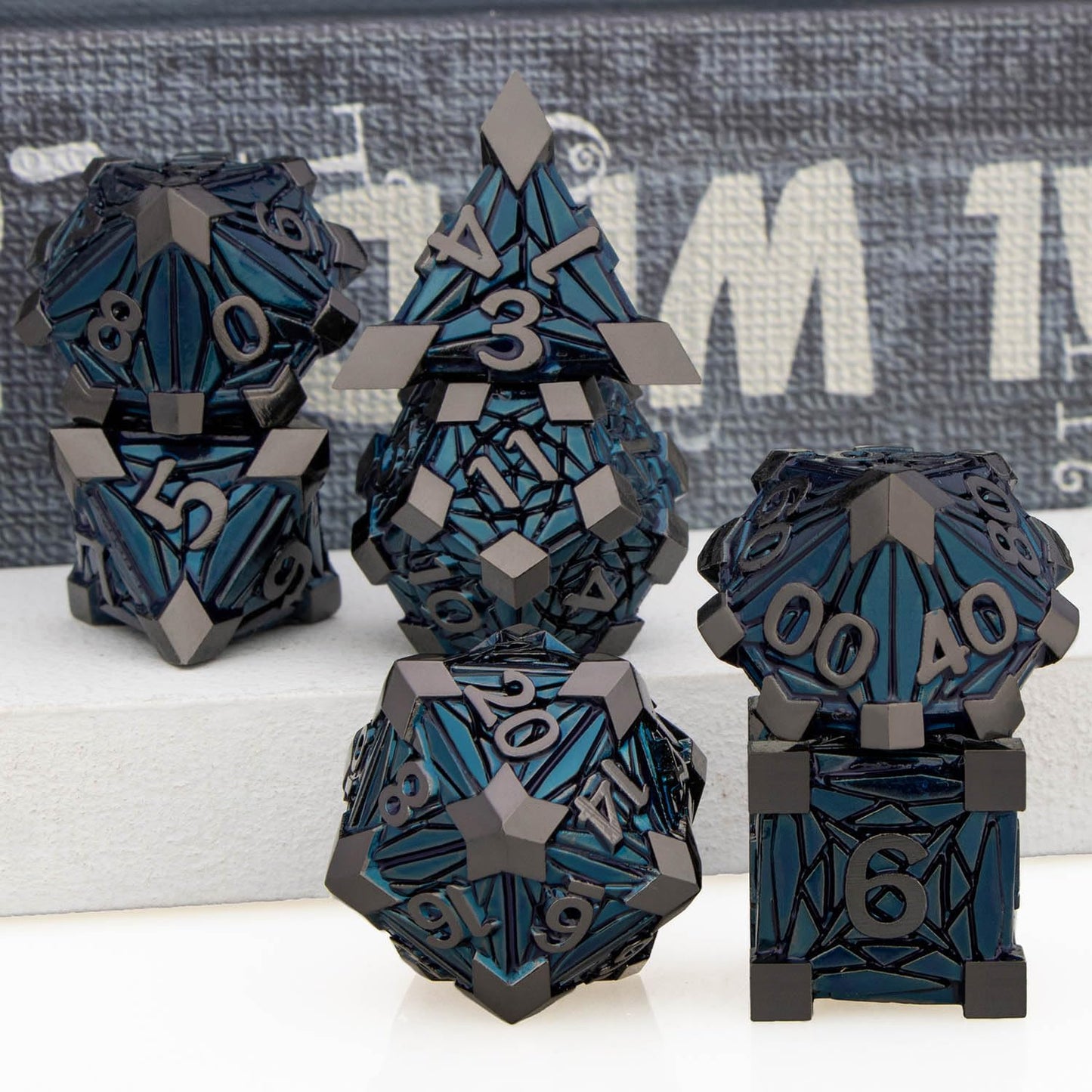 7PCS Metal DND Dice Set with Box, Debris RPG Blue White D and D Dice for D&D Tabletop Games Role Playing Game Polyhedral Dice Set D20 D12 D10 D8 D6 D4
