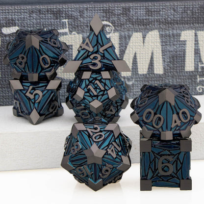 7PCS Metal DND Dice Set with Box, Debris RPG Blue White D and D Dice for D&D Tabletop Games Role Playing Game Polyhedral Dice Set D20 D12 D10 D8 D6 D4