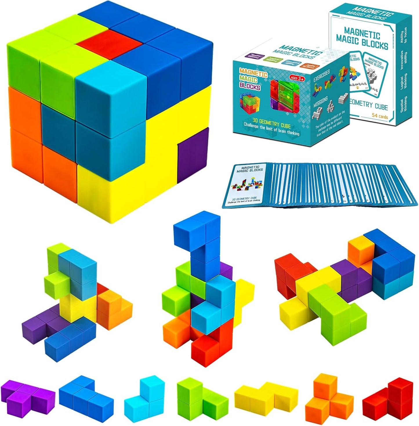 Magnetic Building Blocks Magic Magnetic 3D Puzzle Cubes, Set of 7 Multi Shapes Magnetics Blocks with 54 Guide Cards, Children's Educational Toys and Stress Relief Fidget Toys for Kids Adults