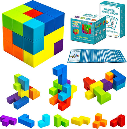 Magnetic Building Blocks Magic Magnetic 3D Puzzle Cubes, Set of 7 Multi Shapes Magnetics Blocks with 54 Guide Cards, Children's Educational Toys and Stress Relief Fidget Toys for Kids Adults