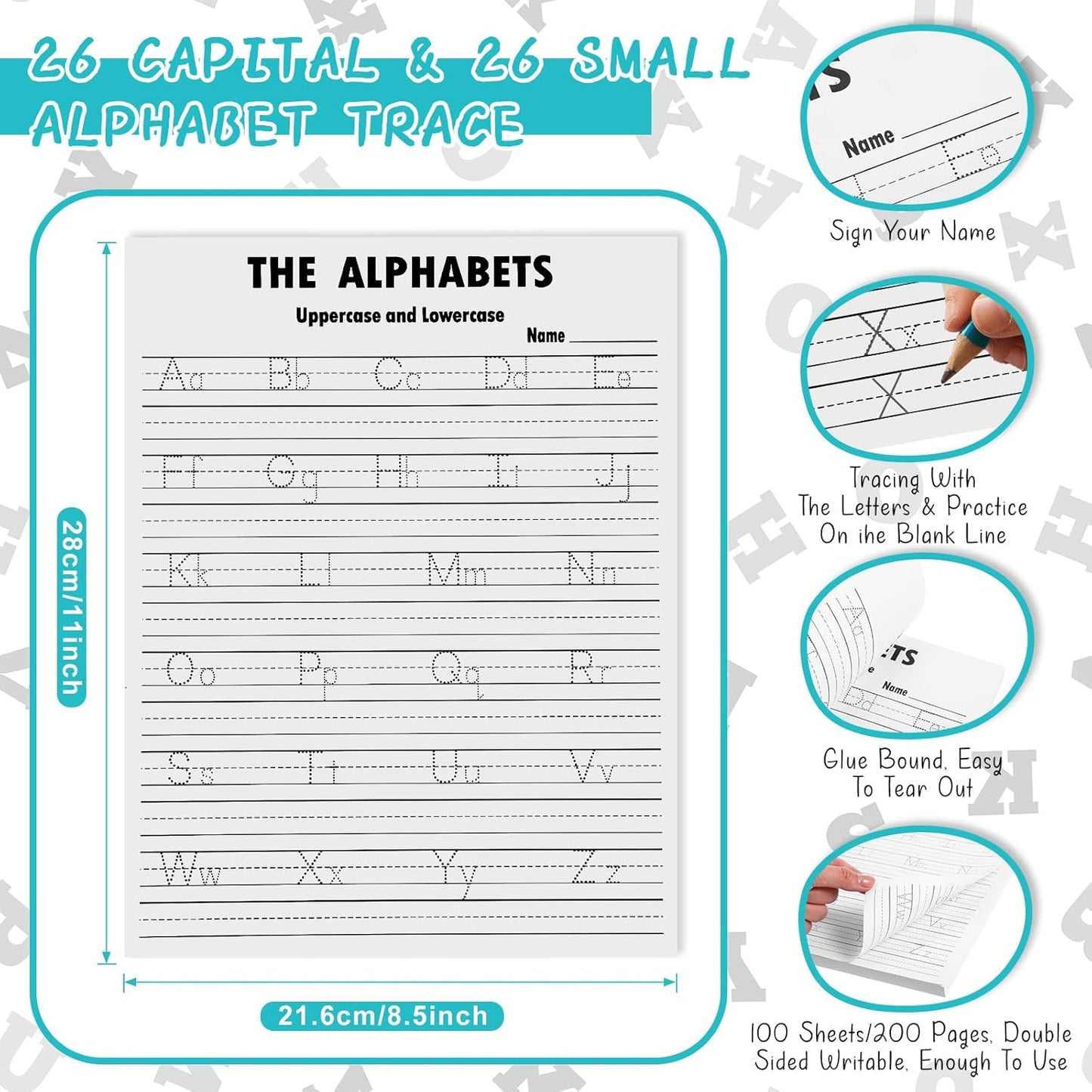 Eaasty Alphabet Tracing Paper Trace Letters Alphabet Handwriting Practice Workbook for Kids Ages 3-5 Practice Paper Learning to Write Letters for Pre K and Kindergarten(100 Pcs,8.5x11 Inches)