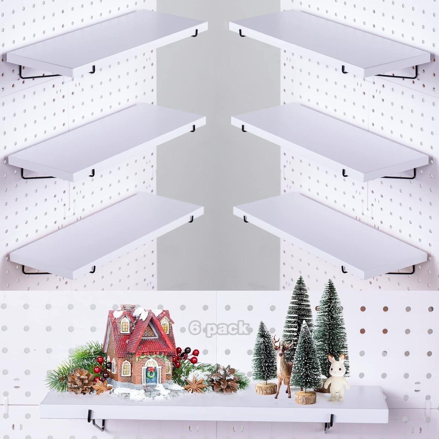 Pegboard Shelf Set - 6 Heavy Duty Peg Board Shelves & Steel Brackets, Organizer for Storage, Garage, Workbench, Craft, Office