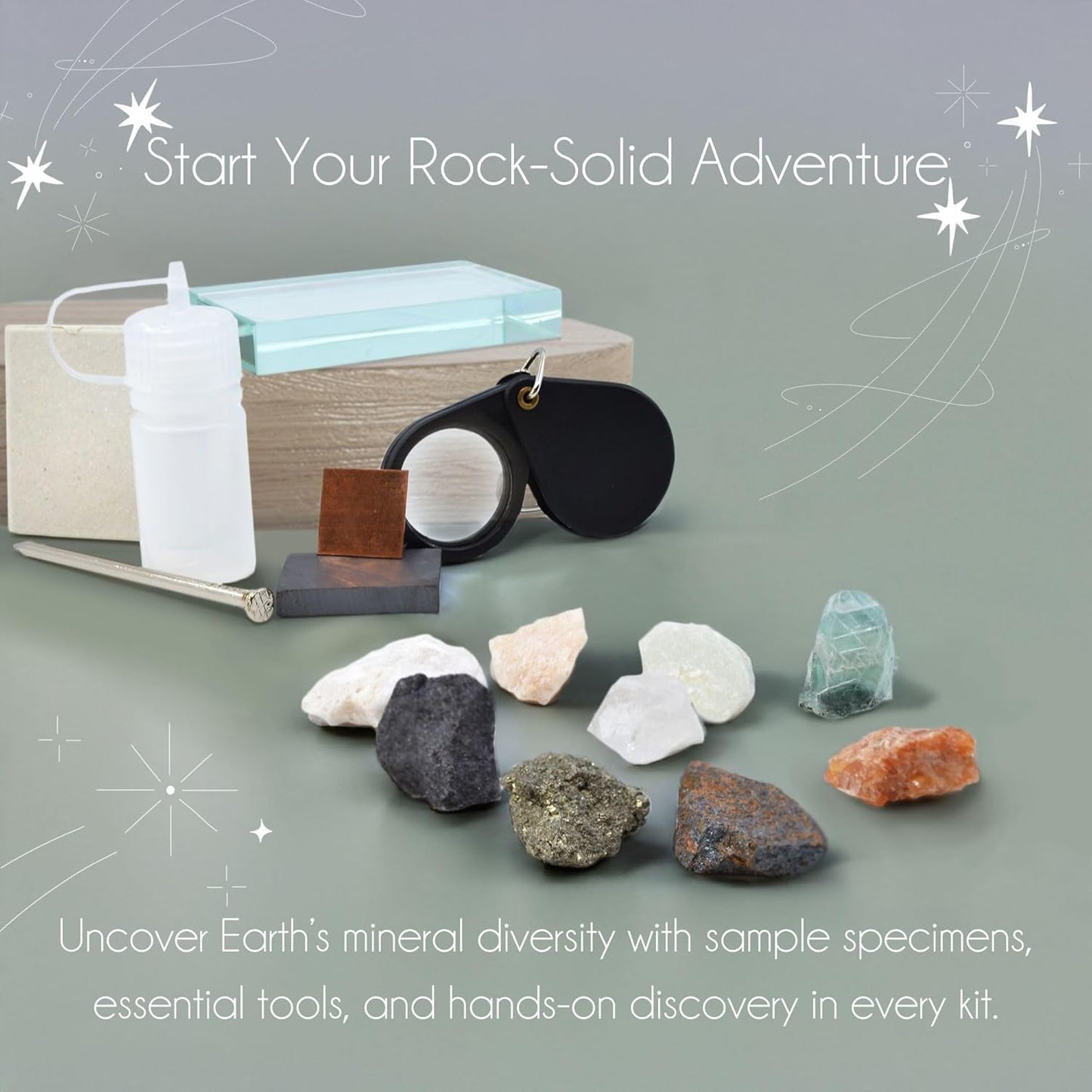 Eisco - Mineral Test Kit with 9 Raw Mineral Samples and Testing Tools - Includes Streak Plate, Magnet, Hand Lens, and More - Classroom and Field Geology Identification Kit