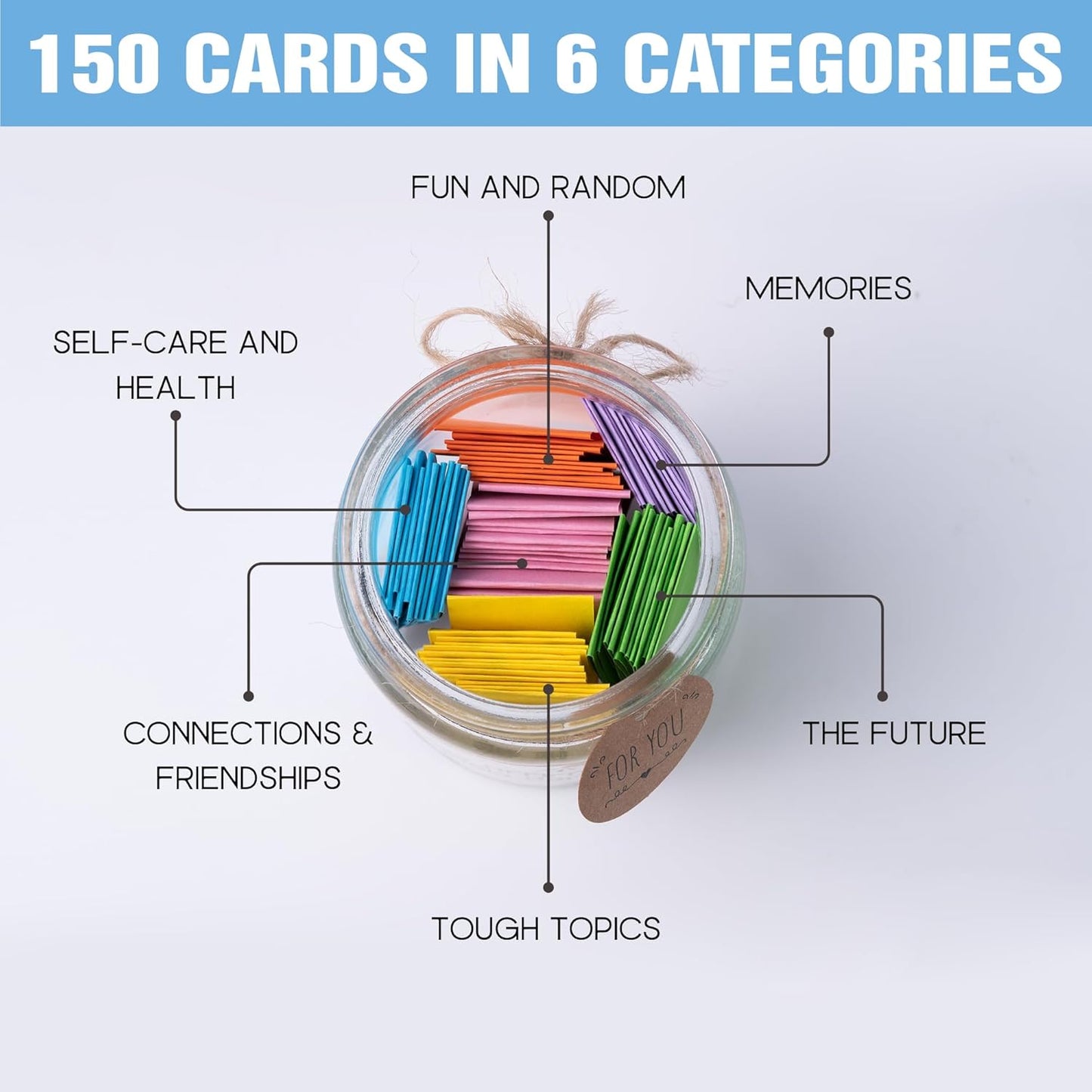 Conversation Cards for Kids In Jar, 150 Cards, Connect, Build Social Emotional Learning Skills, Mental Health Decor for School, Counseling Decor, Back to School Supplies