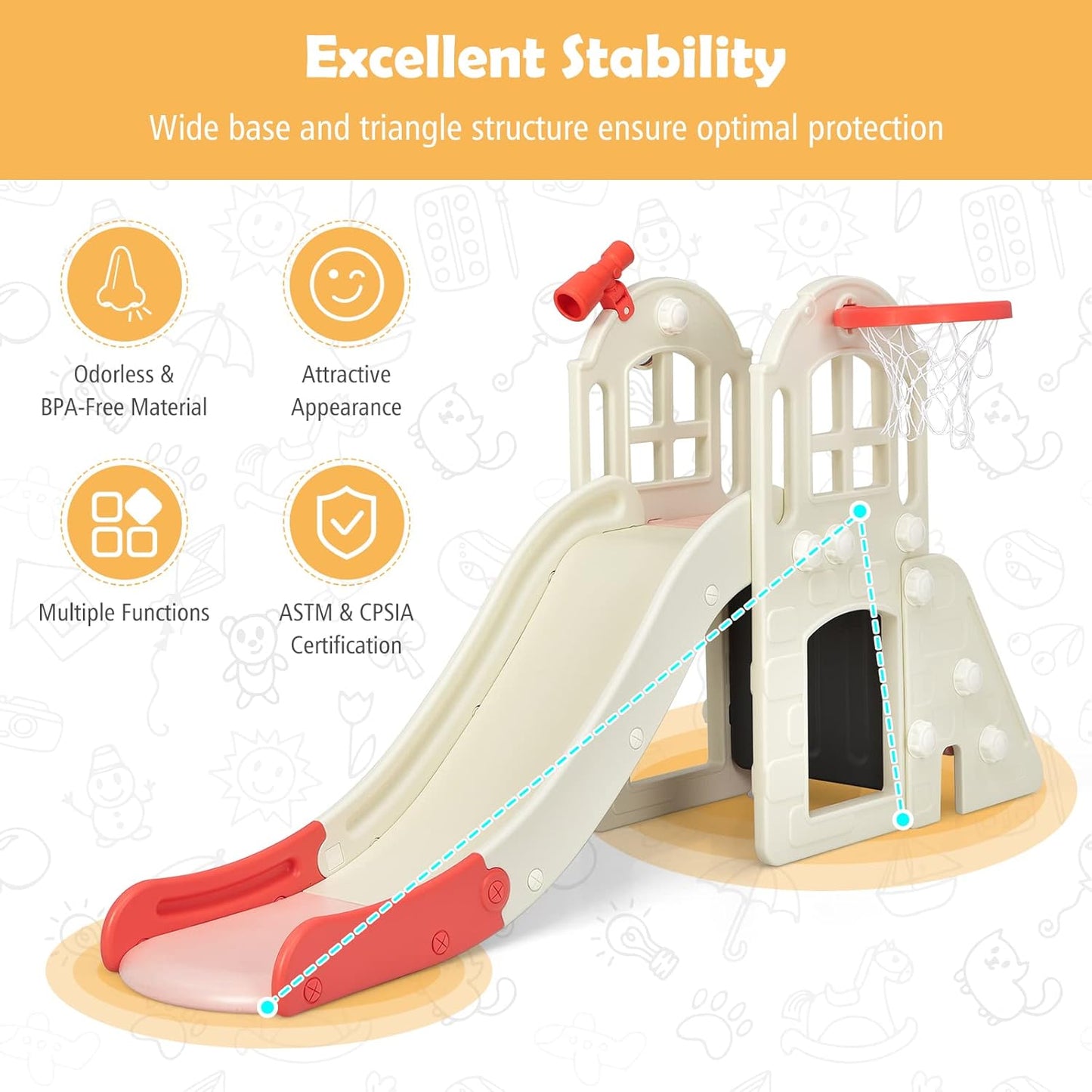 BABY JOY Toddler Slide, 6-in-1 Indoor Kids Slide Playset with Basketball Hoop, Telescope, Climbing Ladder & Storage Space, Freestanding Playhouse & Climber for Kids Aged 1-3 (Pink)