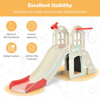 BABY JOY Toddler Slide, 6-in-1 Indoor Kids Slide Playset with Basketball Hoop, Telescope, Climbing Ladder & Storage Space, Freestanding Playhouse & Climber for Kids Aged 1-3 (Pink)