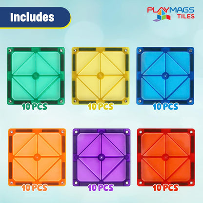 Playmags Magnetic Tiles, 30-Piece Magnet Squares Expansion Set, Construction Building Blocks, Starter Set for Kids Ages 3+