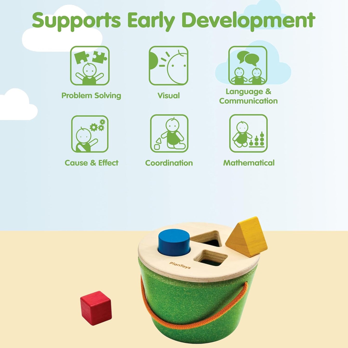 PlanToys® Geo Sorting Bucket | Wooden Shape Matching Toy for Toddlers 12M+ | Montessori Educational Sorting Toy with 3D Blocks | Develops Shape Recognition, Problem-Solving & Fine Motor Skills