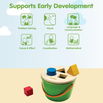 PlanToys® Geo Sorting Bucket | Wooden Shape Matching Toy for Toddlers 12M+ | Montessori Educational Sorting Toy with 3D Blocks | Develops Shape Recognition, Problem-Solving & Fine Motor Skills