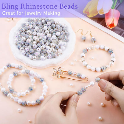 300 Pcs Diamonds Beads for Jewelry Making, Included 10 mm Red Rhinestone Beads for Bracelets, Bubblegum Bead for Pen Making, Pearl and Spacer Bead for Bracelet Necklace Earring Crafting