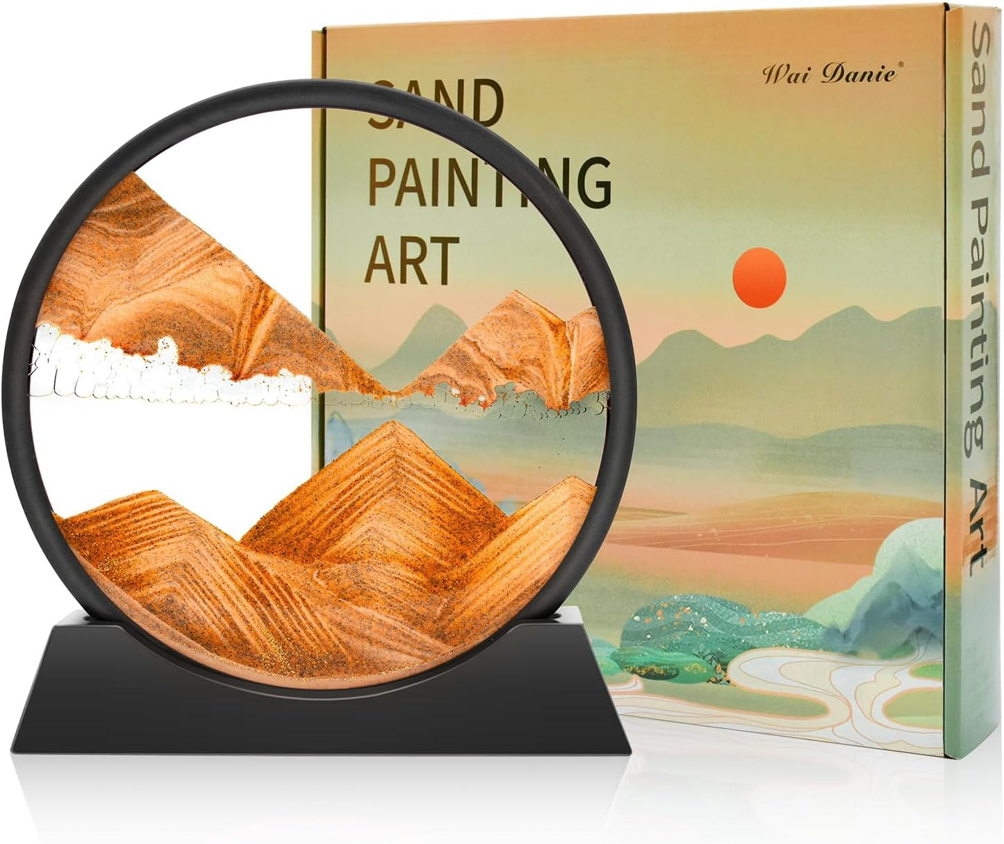 Wai Danie Moving Sand Art Picture 3D Hourglass Deep Sea Sandscape Liquid Motion Display Painting Flowing Sand Frame Relaxing Desktop Home Office Work Decor (Black, 12 Inches)