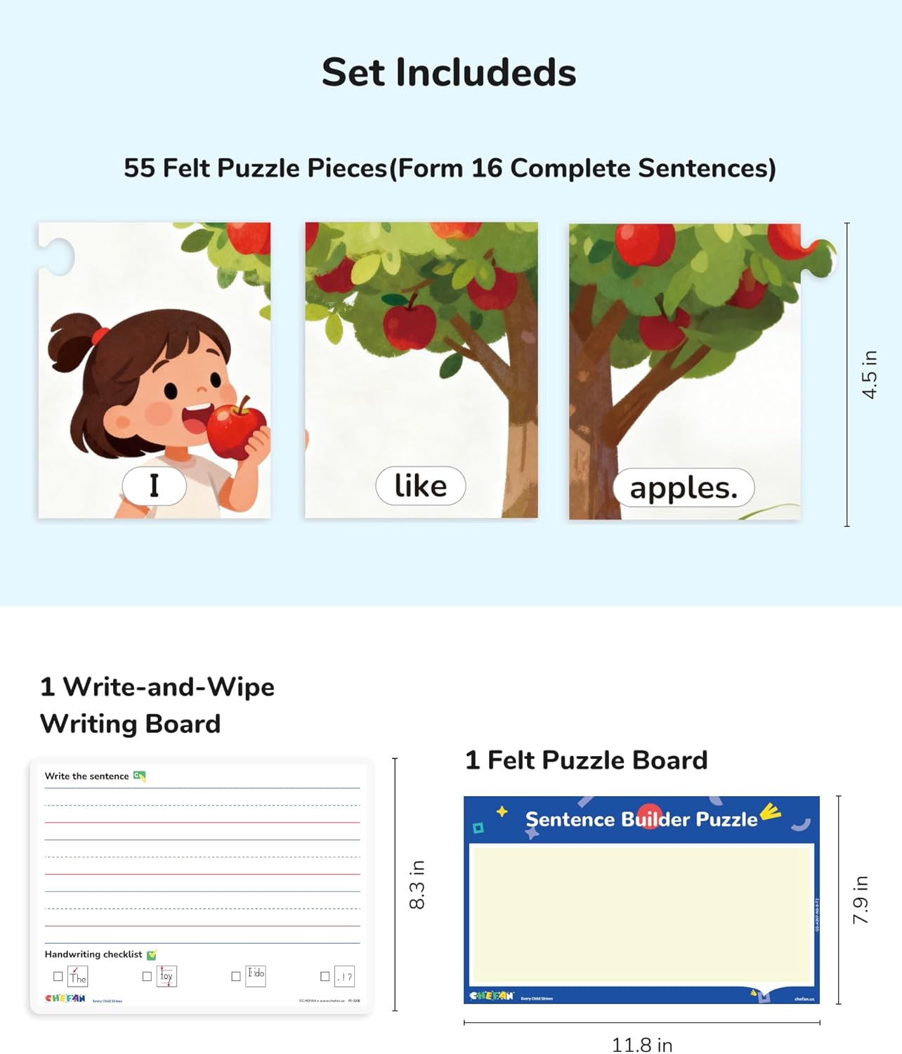 CHEFAN Sentence Building Puzzle for Kids, Reading & Writing Learning Game with Sight Words & Phonics, Sentence Board & Writing Board, Speech Therapy Toy for Preschool PreK Kindergarten 1st Grade
