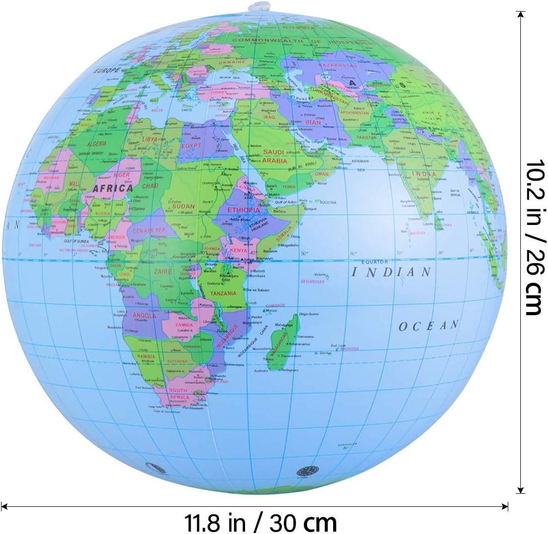 NUOBESTY Inflatable Globe Beach Ball, 11.8in PVC World Map Ball Inflatable Earth for Geography Teaching, Classroom Learning, Beach & Pool Games, Portable Educational Toy for Kids & Adults
