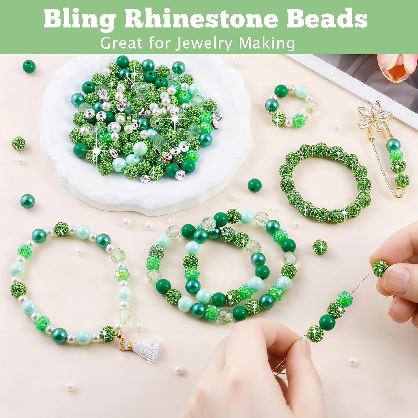300 Pcs Diamonds Beads for Jewelry Making, Included 10 mm Red Rhinestone Beads for Bracelets, Bubblegum Bead for Pen Making, Pearl and Spacer Bead for Bracelet Necklace Earring Crafting
