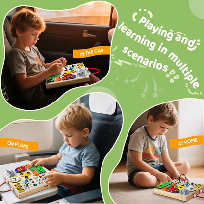 Montessori Wooden Busy Board Toys for 1 2 3 Boys Girls,Toddler Sensory Educational Fidget Board Travel Toy with LED Light Up Switches & Music Boxes, Locks for Kids Gifts
