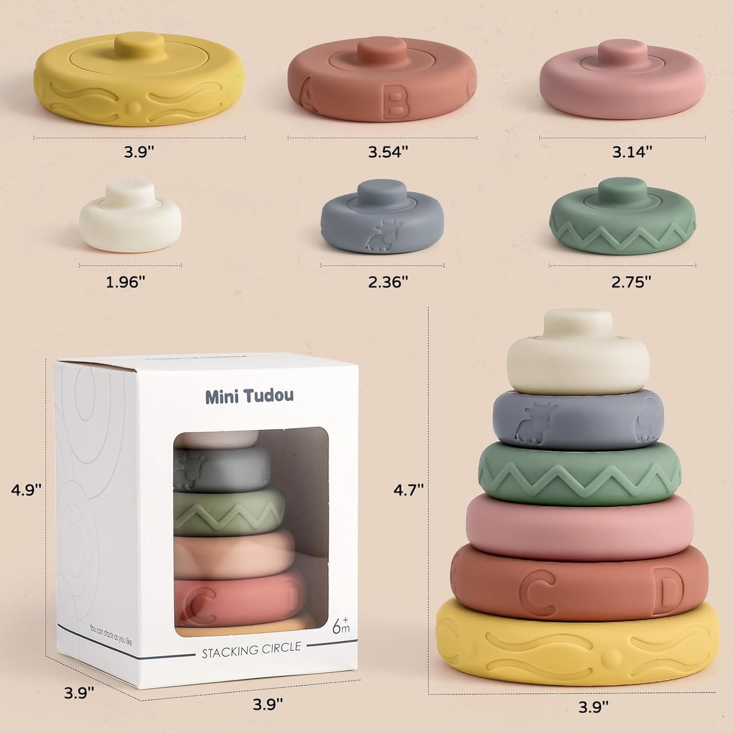Mini Tudou 6 Pcs Stacking & Nesting Circle Toy 4.7",Soft Building Rings Stacker & Teethers,Squeeze Play with Early Educational Learning Stacking Tower, Toy for 6+ Months Boys&Girls