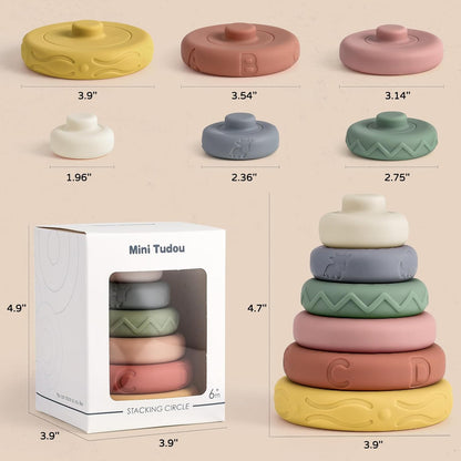 Mini Tudou 6 Pcs Stacking & Nesting Circle Toy 4.7",Soft Building Rings Stacker & Teethers,Squeeze Play with Early Educational Learning Stacking Tower, Toy for 6+ Months Boys&Girls