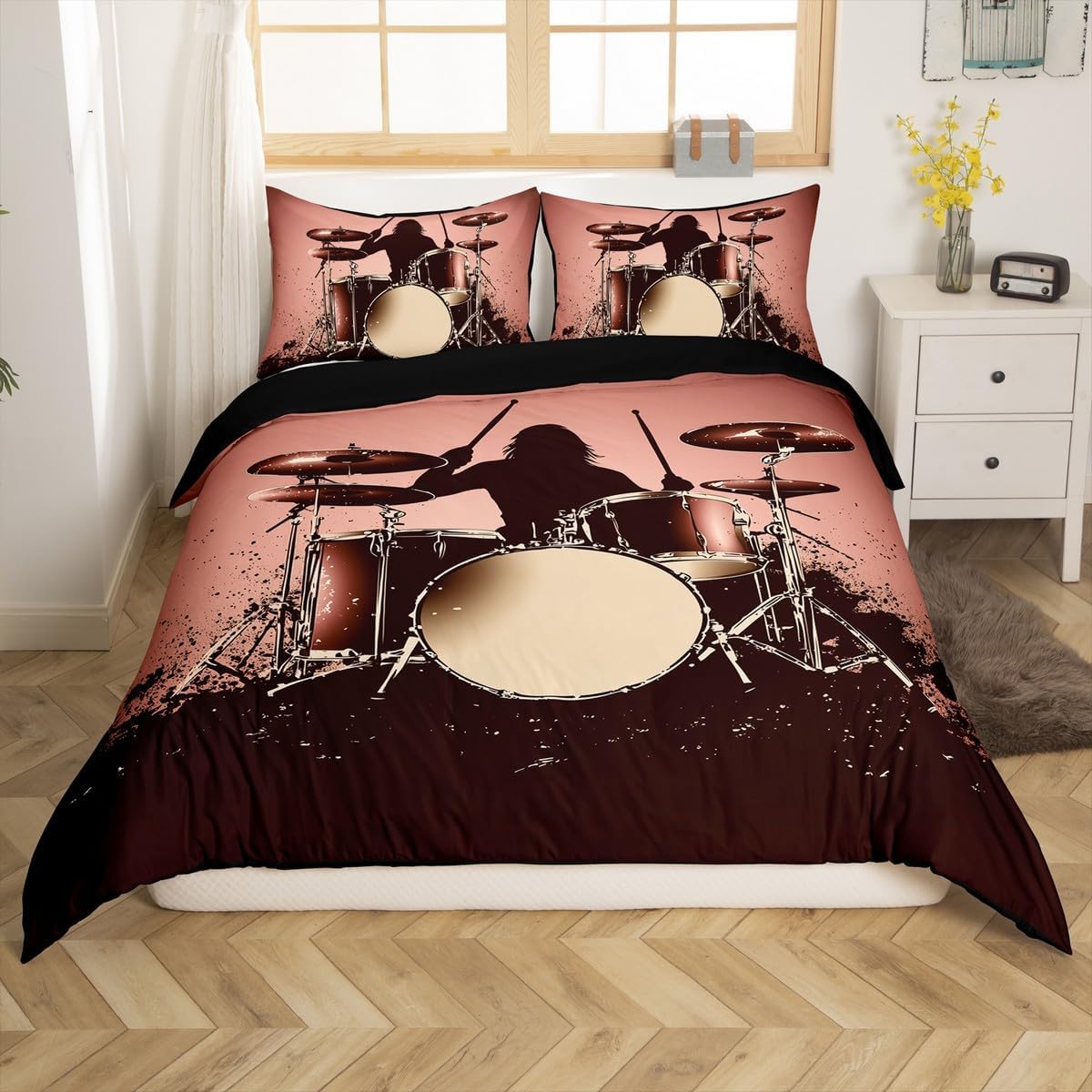 Drum Kit Comforter Cover Abstract Musical Instruments Bedding Set for Kids Boys Teens,Pop Music Duvet Cover Modern Rock Quilt Cover, Teal Laser Light Bedroom Decor Twin Size Blue Green Black