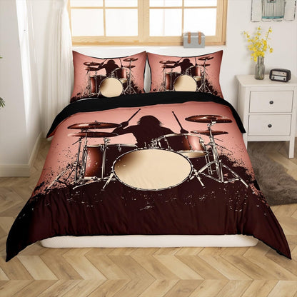 Drum Kit Comforter Cover Abstract Musical Instruments Bedding Set for Kids Boys Teens,Pop Music Duvet Cover Modern Rock Quilt Cover, Teal Laser Light Bedroom Decor Twin Size Blue Green Black