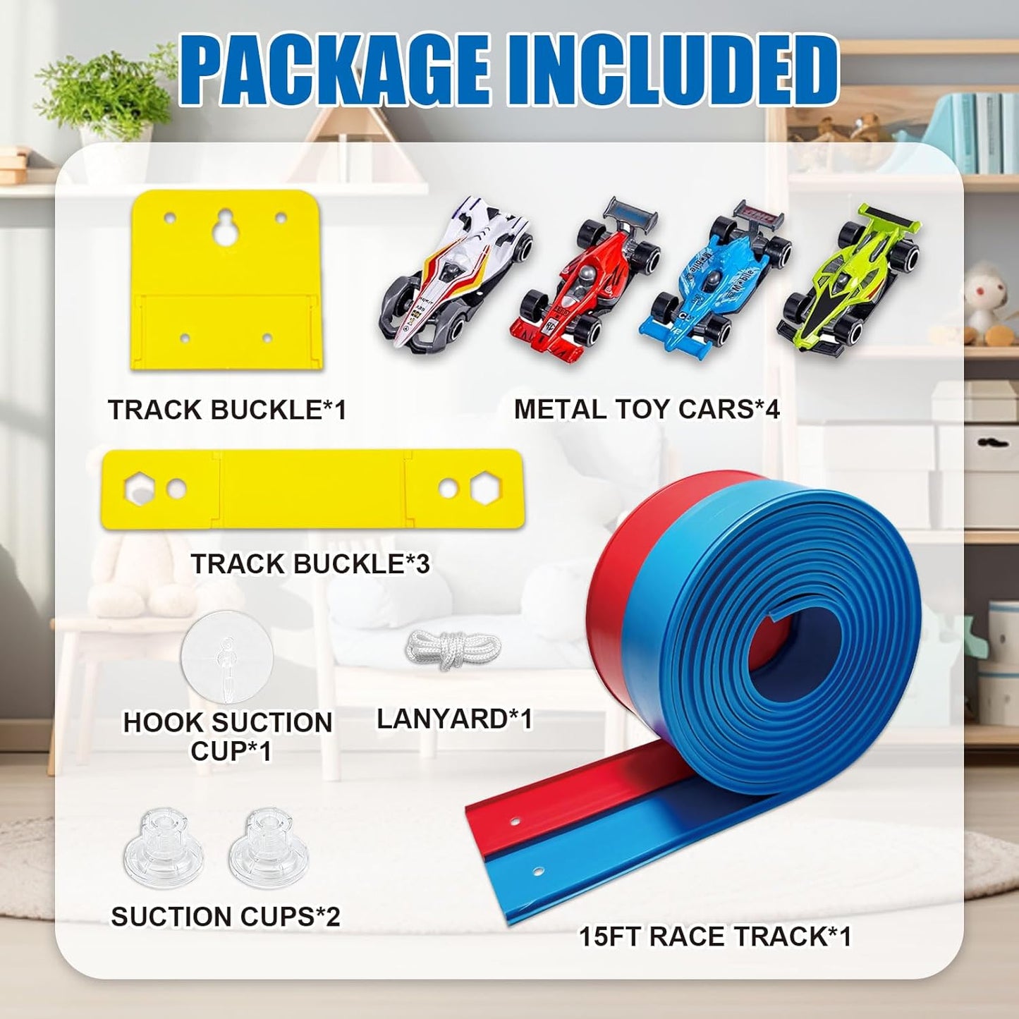 Flexible Race Track Toys for Kids, 15 Ft Double Lane Racetrack with 4 Cars & Suction Cups, Compatible with Hot Wheels & 1/64 Diecast Cars, Portable Roll Up Car Ramp Track Set for Ages 3+(Yellow&Blue)