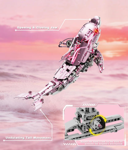 Moving Mechanical Dolphin Building Set - Hand Crank Model Kit with Swimming Tail, Movable Jaw & Glowing Lights | STEM Educational Toy & Unique Desk Decor for Ages 8+, Adults, Blue