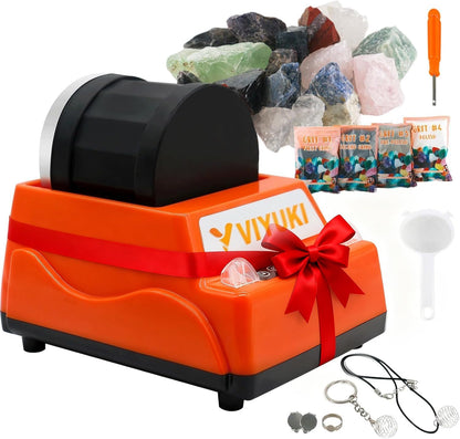 Professional Rock Tumbler Kit - Double Drum 6LB Rock Polisher(Double Barrel), Includes Rough Gemstones, 8 Polishing Grits, Jewelry, Learning Guide, Ideal Gift for Adults & Collectors